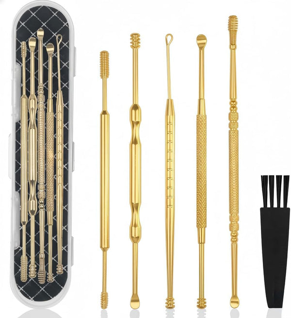Hion 6-Piece Stainless Steel Ear Wax Removal Tools, Double-Headed Ear Picks & Curette Kit with Cleaning Brush and Storage Box