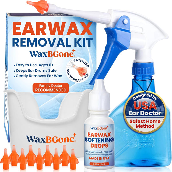 WaxBGone Ear Wax Removal Kit, SoftSpray Tips & Ear Drops for Gentle Earwax Removal and Ear Care