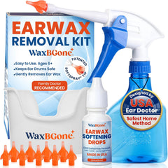WaxBGone Ear Wax Removal Kit, SoftSpray Tips & Ear Drops for Gentle Earwax Removal and Ear Care