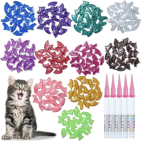 100 Pcs Cat Nail Caps | Cat Claw Covers with Adhesives and Applicators | 5X Different Glitter Colors (XS)