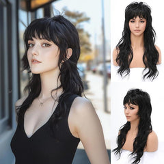 80S 90S Retro Black Mullet Wigs Pixie Cut Wigs with Bangs for Women Wolf Cut Wig Middle Part Black Synthetic Heat Resistant Fiber Costumes Cosplay Hair Wig for Daily Party Use (22 Inch)