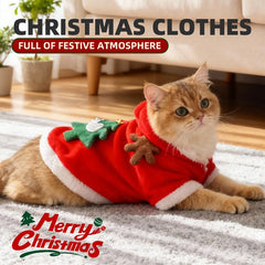 Christmas Cat Costume Red Cape with Antlers & Christmas Tree Design, Cute Santa Outfit for Cats and Kittens Holiday Party Photos