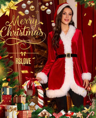 RSLOVE Christmas Costumes for Women - Velvet Mrs Claus Costume Sexy Lady Santa Holiday Outfit Cosplay Suit with Belt