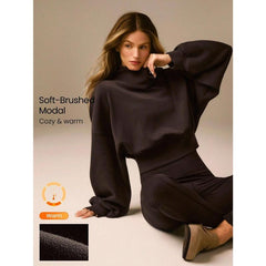 GLOWMODE Modal Soft Warm Curved Bubble Hem Waist Length Oversized Ribbed Cuffs High Neck Pullover Sweatshirt Daily