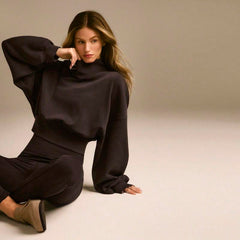 GLOWMODE Modal Soft Warm Curved Bubble Hem Waist Length Oversized Ribbed Cuffs High Neck Pullover Sweatshirt Daily