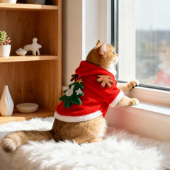 Christmas Cat Costume Red Cape with Antlers & Christmas Tree Design, Cute Santa Outfit for Cats and Kittens Holiday Party Photos