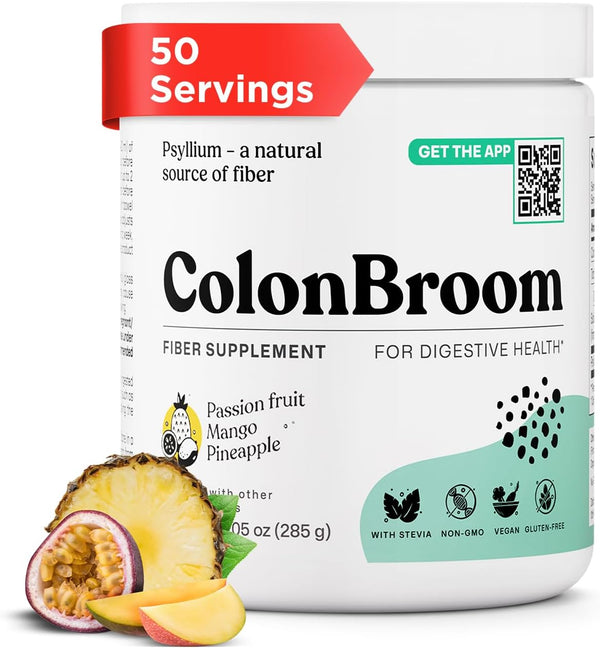 ColonBroom Psyllium Husk Powder with Stevia (Tropical Fruits, 50 Servings) - Colon Cleanse for Bloating Relief & Gut Health - Fiber Powder Drink - Vegan Supplemen