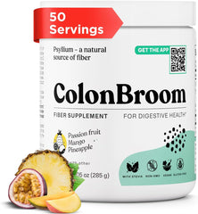 ColonBroom Psyllium Husk Powder with Stevia (Tropical Fruits, 50 Servings) - Colon Cleanse for Bloating Relief & Gut Health - Fiber Powder Drink - Vegan Supplemen