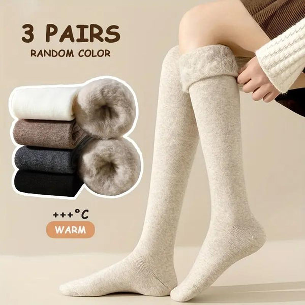 Fleece-Lined over the Knee Socks - 3 Pack Black Cream White Brown Warm Winter