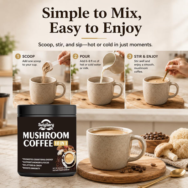Suiyilary Mushroom Coffee, 10 Mushroom Extract Powder Blend Lion's Mane, Reishi, Chaga, Cordyceps, Turkey Tail, Brain Supplements with Instant Coffee for Energy, Focus, Memory and Immunity 300g