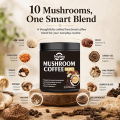 Suiyilary Mushroom Coffee, 10 Mushroom Extract Powder Blend Lion's Mane, Reishi, Chaga, Cordyceps, Turkey Tail, Brain Supplements with Instant Coffee for Energy, Focus, Memory and Immunity 300g