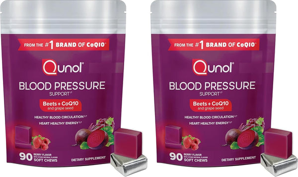 Qunol Beets Chews for Blood Pressure Support,3 in 1 Beets + CoQ10 + Grape Seed Extract,Supports Healthy Blood Circulation & Heart Healthy Energy,90 Chews,(Pack of 2)