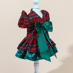 New Christmas Pet Apparel - Tartan Plaid Outfit with Green Bowtie for Puppies & Kittens, 