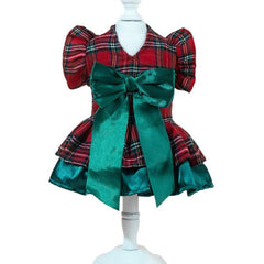 New Christmas Pet Apparel - Tartan Plaid Outfit with Green Bowtie for Puppies & Kittens, 