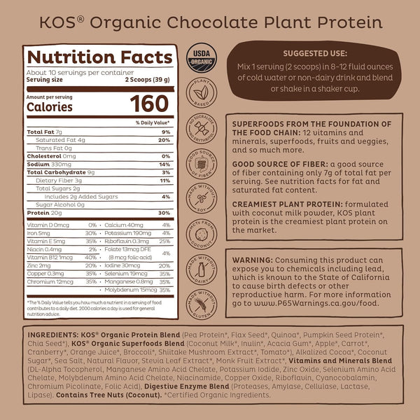 KOS Vegan Protein Powder, Chocolate USDA Organic - Low Carb Pea Protein Blend, Plant Based Superfood with Vitamins & Minerals - Keto, Soy, Gluten Free - Meal Replacement for Women & Men - 10 Servings