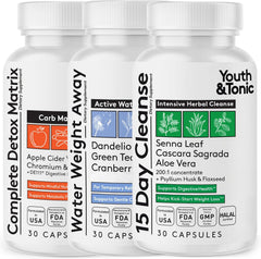 Click to see full view Youth & Tonic 3pk Detox Cleanse Kick-Off - Colon Cleanser & Water Loss Support - 15 Day Weight Management for Bloating & Water Retention Relief, Body, Gut & Colon Cleanse - 90 Capsules for Women & Men