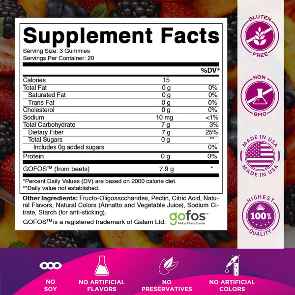Vitamatic Prebiotic Fiber Gummies for Adults – 2 Pack (Total 120 Gummies) 7g Fiber per Serving | Extra Strength | Zero Sugar Added | Pectin-Based | Digestive Health & Regularity Support