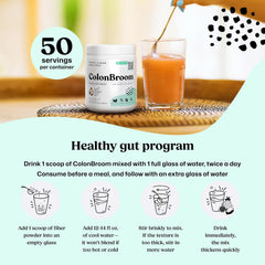 ColonBroom Psyllium Husk Powder with Stevia (Tropical Fruits, 50 Servings) - Colon Cleanse for Bloating Relief & Gut Health - Fiber Powder Drink - Vegan Supplemen