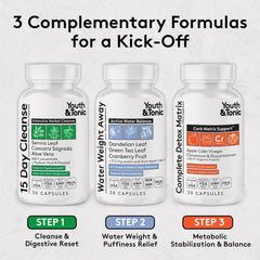Click to see full view Youth & Tonic 3pk Detox Cleanse Kick-Off - Colon Cleanser & Water Loss Support - 15 Day Weight Management for Bloating & Water Retention Relief, Body, Gut & Colon Cleanse - 90 Capsules for Women & Men