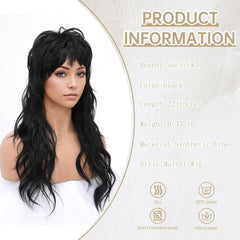 80S 90S Retro Black Mullet Wigs Pixie Cut Wigs with Bangs for Women Wolf Cut Wig Middle Part Black Synthetic Heat Resistant Fiber Costumes Cosplay Hair Wig for Daily Party Use (22 Inch)