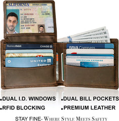 Men’s Leather Bifold Wallet – RFID Blocking, 8 Card Slots, 2 ID Windows & Slim Billfold