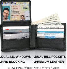 Men’s Top Grain Leather Wallet – RFID Blocking Slim Bifold with 8 Card Slots & 2 ID Windows