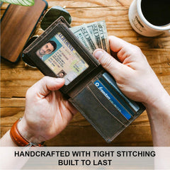 Men’s Leather Bifold Wallet – RFID Blocking, 8 Card Slots, 2 ID Windows & Slim Billfold