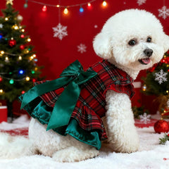 New Christmas Pet Apparel - Tartan Plaid Outfit with Green Bowtie for Puppies & Kittens, 