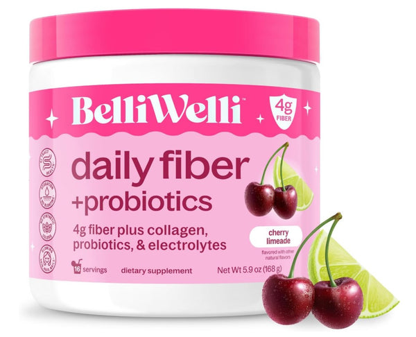 Belli Welli Fiber Supplement for Women&Men, Premium Daily Fiber Powder from Organic Acacia Fiber Added Collagen, Electrolytes&Probiotics, No Bloat, Constipation&Gut Health Support (Cherry Limeade)