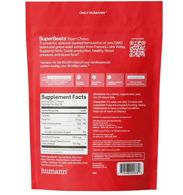 humanN SuperBeets Heart Chews, Beet Root Powder Support Energy Supplement, Nitric Oxide and Blood Pressure Support, Grape Seed Extract & Non-GMO, Heart Health, Pomegranate Berry Flavor, 60 Count