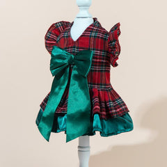 New Christmas Pet Apparel - Tartan Plaid Outfit with Green Bowtie for Puppies & Kittens, 
