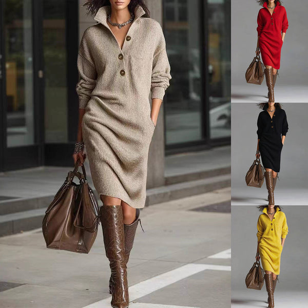 Winter Sweater Dress – Warm Long Sleeve V-Neck Pullover