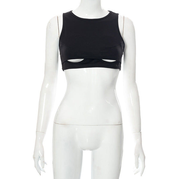 Solid V-neck Sleeveless Hollow Vest