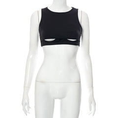 Solid V-neck Sleeveless Hollow Vest