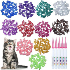 100 Pcs Cat Nail Caps | Cat Claw Covers with Adhesives and Applicators | 5X Different Glitter Colors (XS)