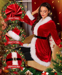RSLOVE Christmas Costumes for Women - Velvet Mrs Claus Costume Sexy Lady Santa Holiday Outfit Cosplay Suit with Belt