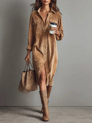 Women's Casual Turn-Down Collar Long Sleeve Dress
