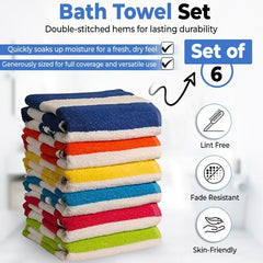 100% Cotton Bath Towel, Pack of 6, Cabana Lightweight Stripe