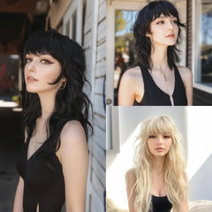 80S 90S Retro Black Mullet Wigs Pixie Cut Wigs with Bangs for Women Wolf Cut Wig Middle Part Black Synthetic Heat Resistant Fiber Costumes Cosplay Hair Wig for Daily Party Use (22 Inch)