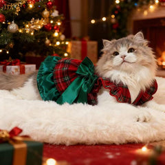 New Christmas Pet Apparel - Tartan Plaid Outfit with Green Bowtie for Puppies & Kittens, 
