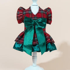 New Christmas Pet Apparel - Tartan Plaid Outfit with Green Bowtie for Puppies & Kittens, 
