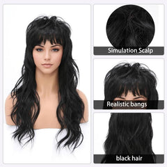 80S 90S Retro Black Mullet Wigs Pixie Cut Wigs with Bangs for Women Wolf Cut Wig Middle Part Black Synthetic Heat Resistant Fiber Costumes Cosplay Hair Wig for Daily Party Use (22 Inch)