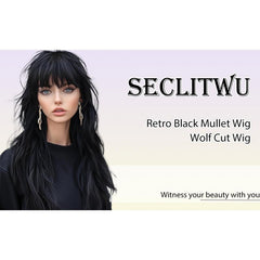 80S 90S Retro Black Mullet Wigs Pixie Cut Wigs with Bangs for Women Wolf Cut Wig Middle Part Black Synthetic Heat Resistant Fiber Costumes Cosplay Hair Wig for Daily Party Use (22 Inch)