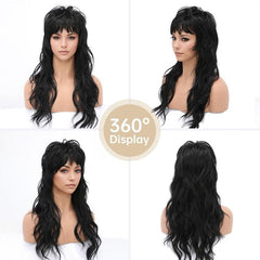 80S 90S Retro Black Mullet Wigs Pixie Cut Wigs with Bangs for Women Wolf Cut Wig Middle Part Black Synthetic Heat Resistant Fiber Costumes Cosplay Hair Wig for Daily Party Use (22 Inch)